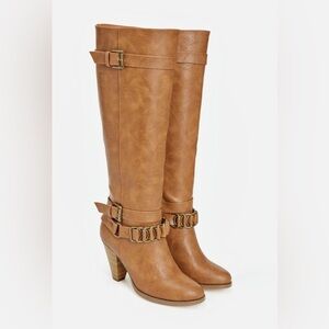 JustFab Luiza Tall Riding Boots Cognac Brown Leather Size 7.5 Stacked Heel EUC